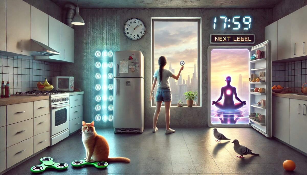 (холодильник выдаёт послания от Менеджмента Вечности)