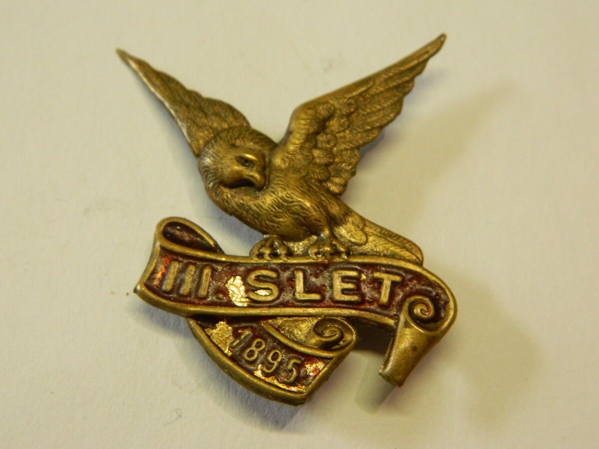 Значок III слёта членов панславянского культурно-спортивного общества "Сокол", Прага, Австро-Венгрия, 1895 г. Словом "слёт", обыгрывающим птичью символику движения, сокольский спортивный съезд был впервые назван в 1891 году. Тогда, вероятно, и зародилась традиция обозначать этим словом массовые собрания членов различных обществ в других славянских странах, куда сокольцы направляли своих тренеров-пропагандистов. От "Сокола" также нашей молодёжи достались полосатые майки на шнуровке — "соколки", гимнастические тапочки — "чешки" и спортивный "низ" — "тренерки".