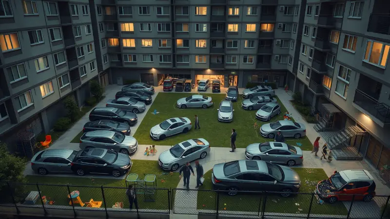 Когда каждый автомобилист решает, что вправе парковаться во дворе, как хочет, возникает хаос. Фото: нейросеть