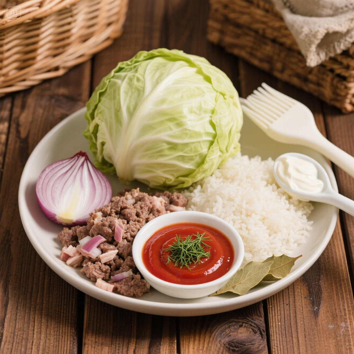 Капуста — 1 шт.

Говяжий фарш — 150 г

Свиной фарш — 100 г

Вареный рис — 80 г

Лук — 1 шт. (мелко нарезанный)

Томатная паста — 50 г

Сметана — 30 г

Укроп, лавровый лист — по вкусу