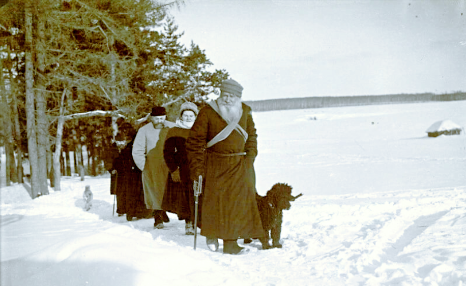Л.Н. Толстой со свитой идёт на открытие Народной библиотеки в Ясной Поляне, 1910 г.