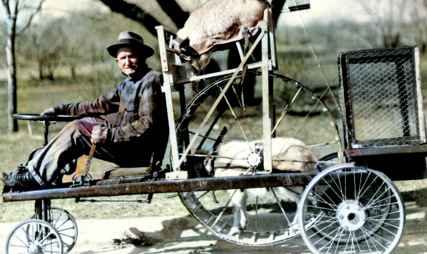 На фото американский фермер демонстрирует своё уникальное транспортное средство – "козломобиль".