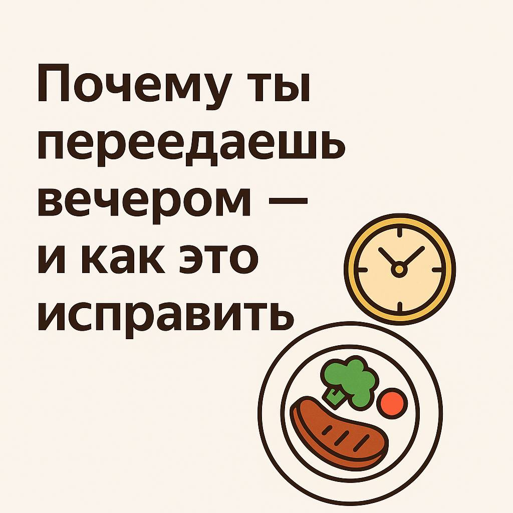 Ты весь день стараешься питаться правильно. Может, даже позавтракал, съел лёгкий обед и старался держаться в рамках. Но вот наступает вечер — и ты открываешь холодильник. Рука тянется за сладким, жирным, сытным. И часто — без настоящего чувства голода. Просто… хочется.

Это не лень и не слабая сила воли. У вечернего переедания есть объяснимые причины — и хорошие способы это изменить. Давай разберёмся.

⸻

1. Ты ешь слишком мало днём

Это самая распространённая причина. Многие ограничивают себя днём: “поем чуть-чуть”, “перекушу потом”. Но тело не забывает. Оно копит “долг” — и вечером требует своё. Именно тогда, когда ты уставший, расслаблен, и контроль ослабевает.

Что делать:
– Делай завтрак обязательным.
– В обед добавь белки и сложные углеводы — они насыщают надолго.
– Не бойся перекусов: яблоко с орехами или йогурт — лучше, чем вечерний зажор.

⸻

2. Ты заедаешь эмоции

Стресс, тревога, усталость, одиночество — всё это часто не осознаётся, а ощущается как “мне надо что-то съесть”. Еда становится успокоением. Мозг запоминает: поел — стало легче. И запускает этот цикл снова и снова.

Что делать:
– Задавай себе вопрос: “Я сейчас действительно голоден?”
– Найди альтернативу: душ, прогулка, дыхательная практика, любимый сериал
– Не храни дома “удобную еду для заедания” — создавай препятствия

⸻

3. Это просто привычка

Ты привык есть вечером — во время фильма, перед сном, за компом. И даже если не хочешь, тело “автоматически” запускает рутину: вечер = еда.

Что делать:
– Измени последовательность: вместо еды — чай, книга, прогулка
– Займи рот — попей воду с лимоном, пожуй жвачку
– Сделай вечер интереснее: хобби, планирование завтрашнего дня, общение

⸻

Главное — не винить себя

Ты не сломанный. Ты просто выстроил рутину, в которой переедание стало частью.
Хорошая новость — ты можешь выстроить новую. Без боли, диет и жёстких ограничений.

Начни с малого: добавь еду днём, обрати внимание на свои эмоции, измени один вечер. Уже этого хватит, чтобы запустить изменения.

