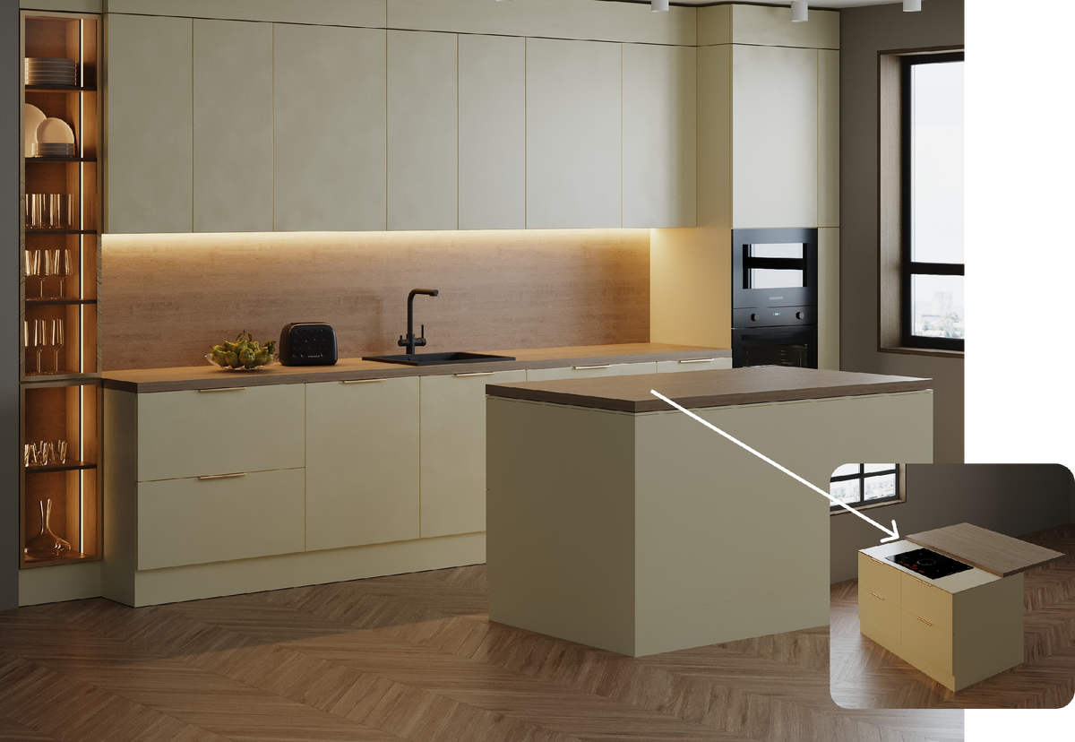 Подвижная столешница со скрытой варочной панелью. 3D-визуализация проекта ШефКухни. 