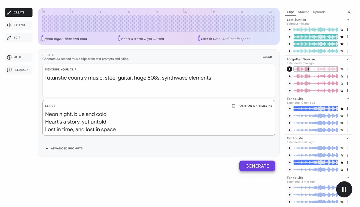 нимация интерфейса Music AI Sandbox, демонстрирующая использование функции «Создание». Источник: https://deepmind.google/discover/blog/music-ai-sandbox-now-with-new-features-and-broader-access/