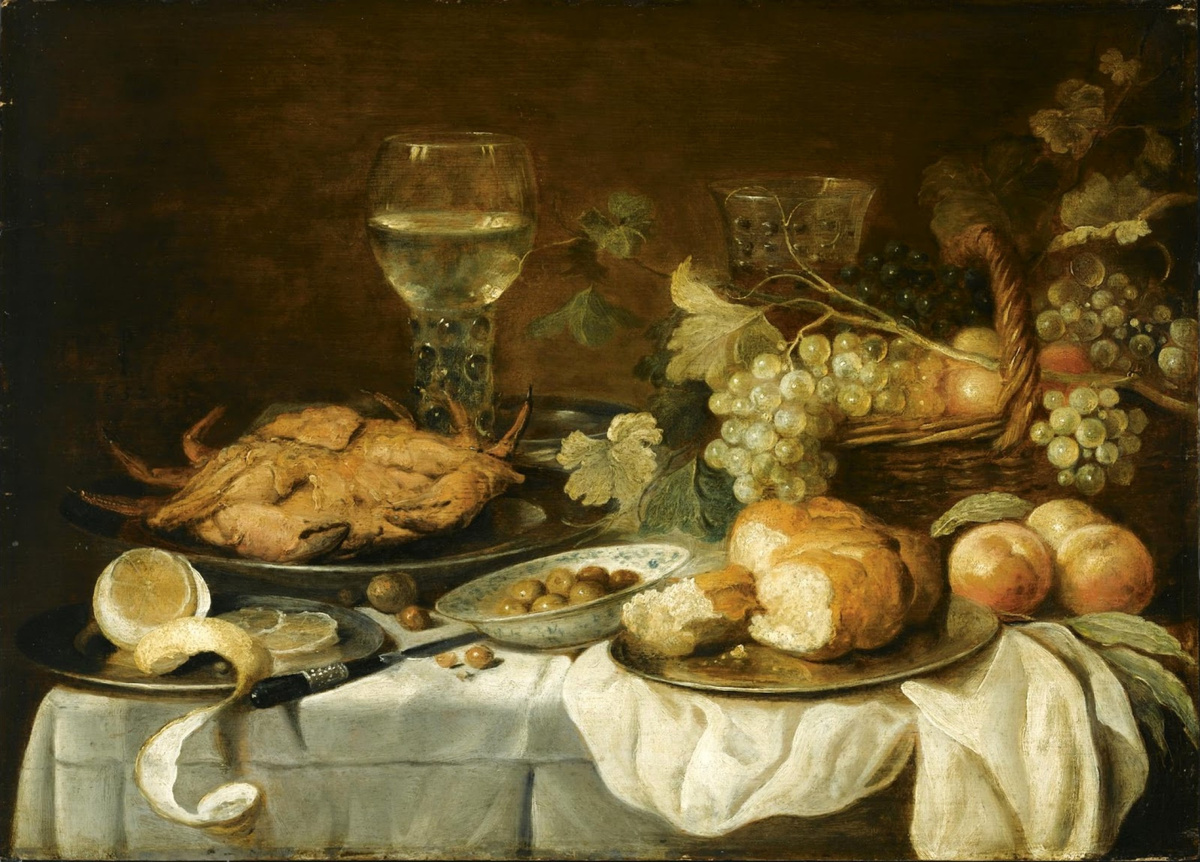 Питер Клас «Натюрморт с крабом, оливками, хлебом и фруктами» (1652)
