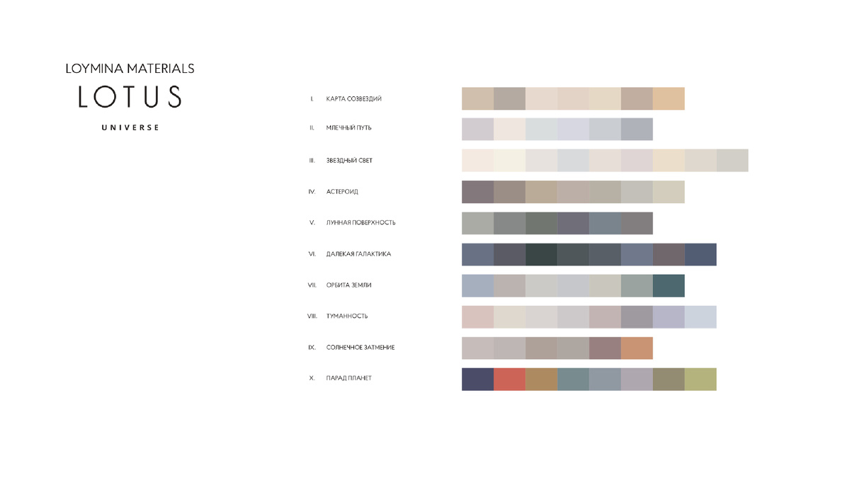 Палитра оттенков коллекции Loymina Materials Lotus Universe