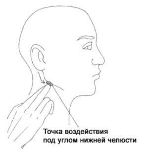 Если разболелись зубы нижней челюсти, можно помочь себе так: подушечкой пальца  (я пользуюсь средним, но это индивидуально, и каждый может использовать палец, который более удобен) проведите по углу нижней челюсти и обогните его. Палец словно проваливается в небольшое углубление. В этой впадине располагается точка воздействия на зубы нижней челюсти.