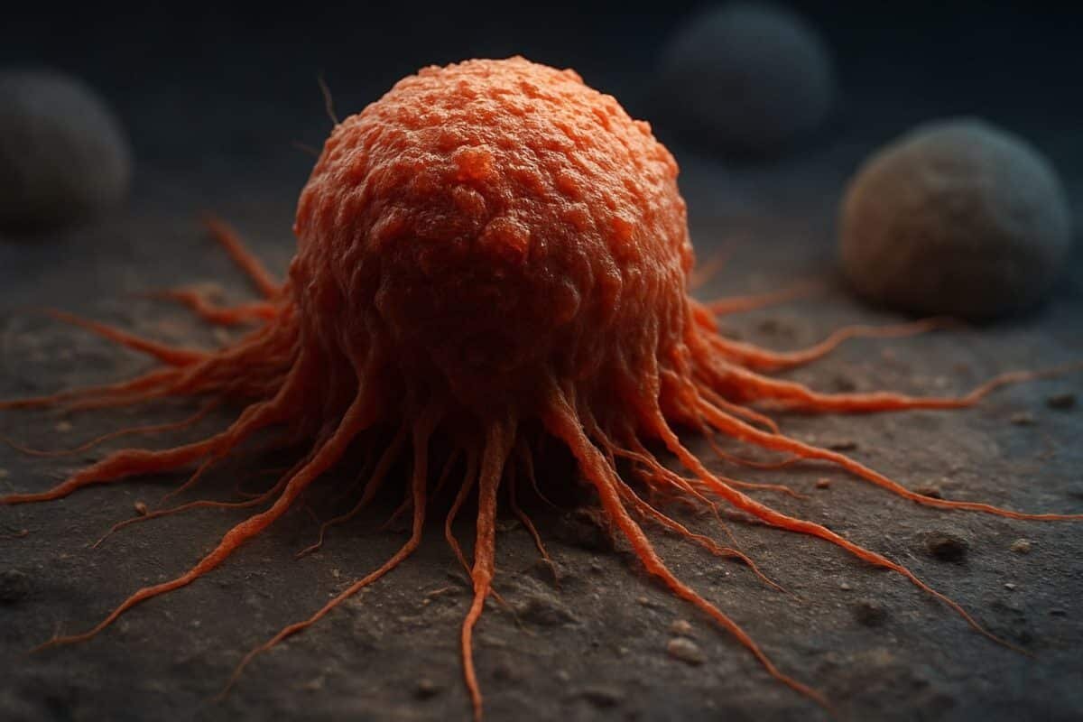    Раковая клетка с характерной неровной поверхностью и нитевидными отростками прорастает в здоровую ткань — именно так начинается инвазия опухоли в организм / © AI-generated for editorial use, 2025