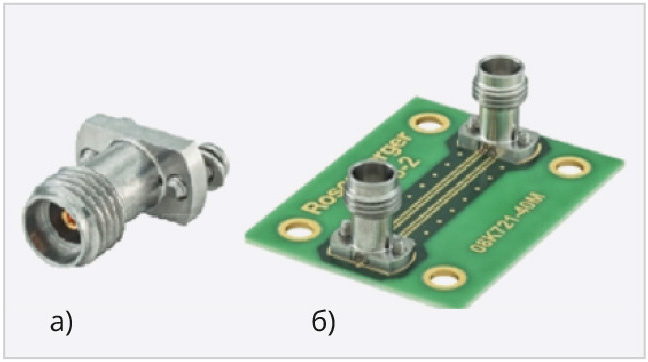 Рис. 2. Вертикальные соединители (а) и тестовая плата (б) компании Rosenberger
