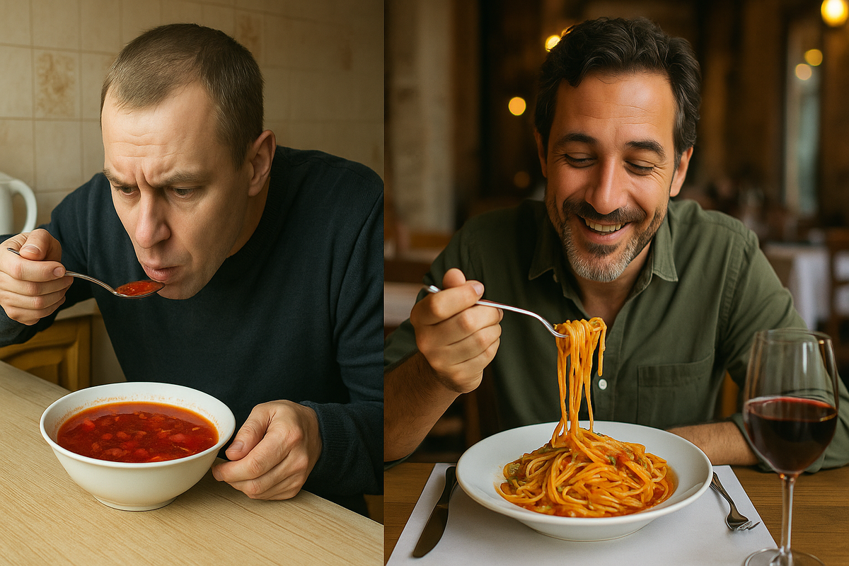🍲 Быстро и по делу vs 🍝 Со вкусом и удовольствием
Когда русский спешит доесть борщ, а итальянец смакует пасту — в каждом жесте своя культура.