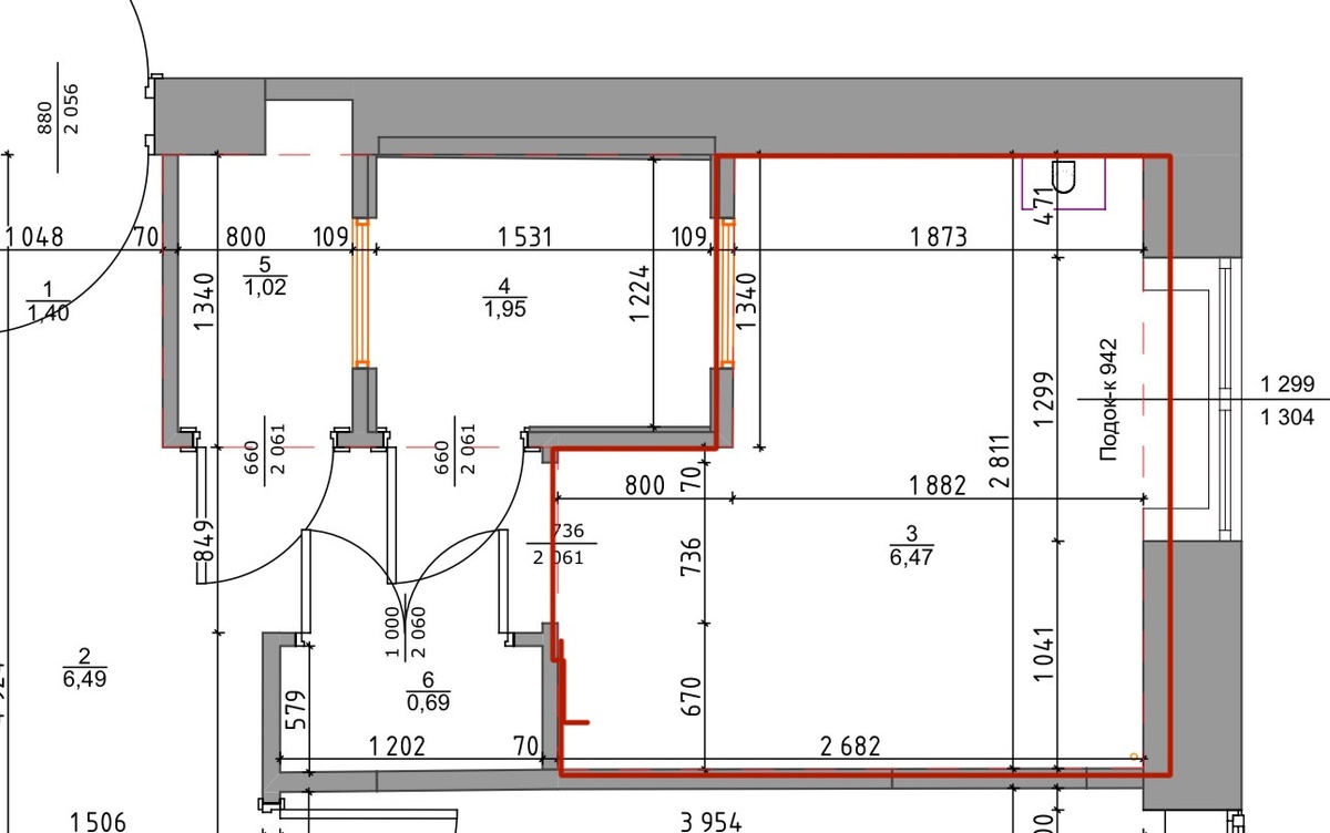 Старый план кухни. Границы выделены красным