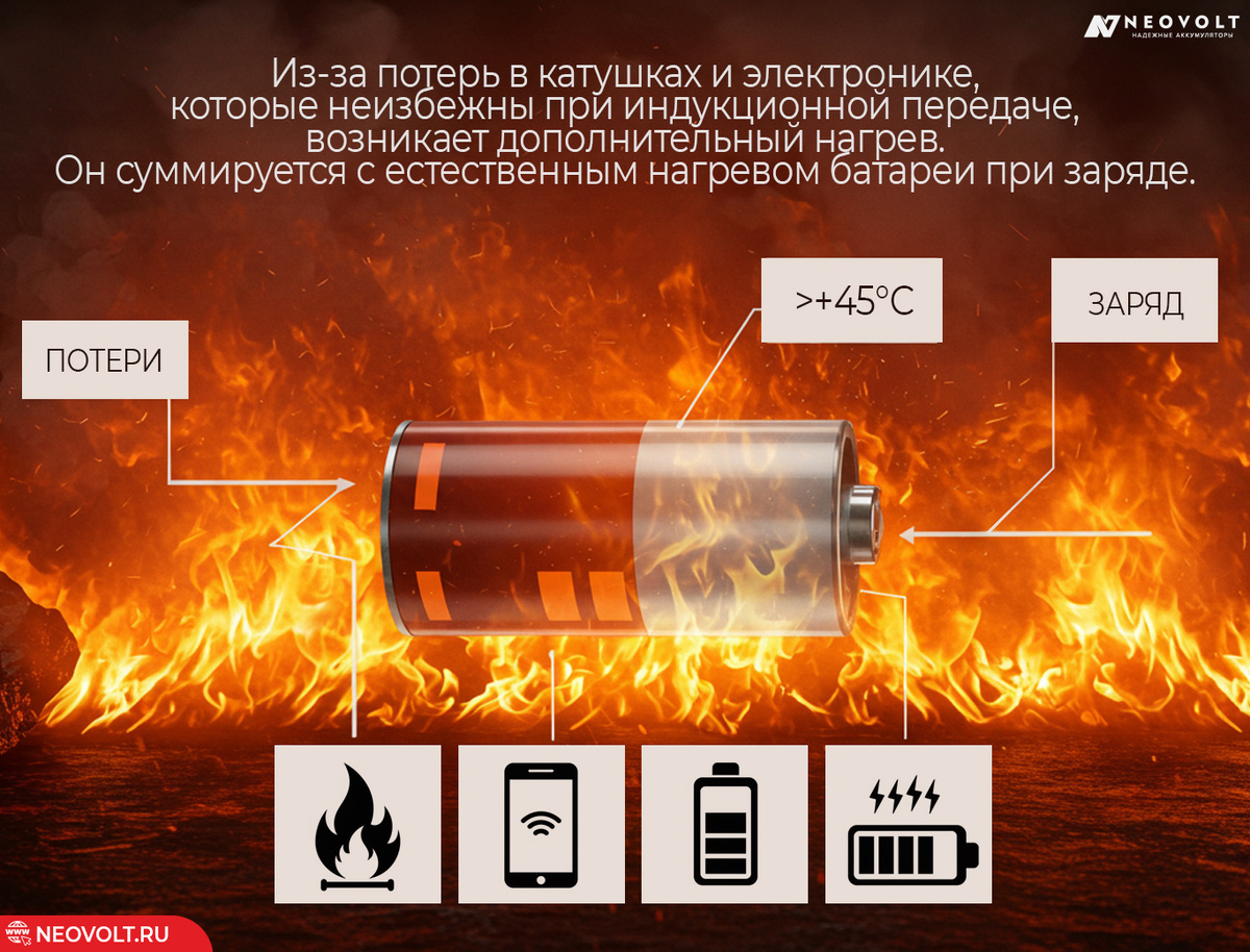 Энергетические потери, дополнительный нагрев, суммирование тепла, температура выше +45°C, деградация батареи.