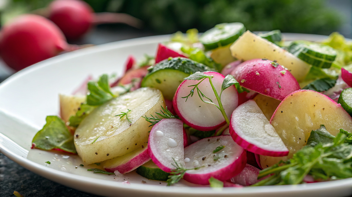 Картофельный салат с редиской и огурцами