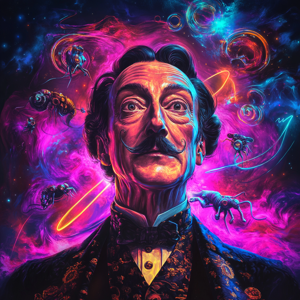 Театральный Сальвадор Дали с культовыми усами-антеннами на фоне яркой галактики, в стиле сюрреалистического психоделического искусства.