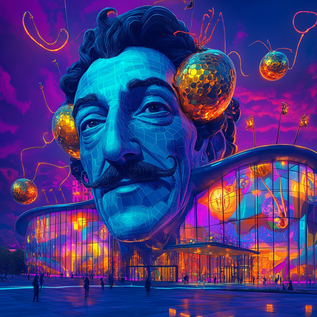 Фасад музея Сальвадора Дали с гигантской мозаичной головой художника и золотыми шарами — яркий трибьют его творчеству и бессмертию.

