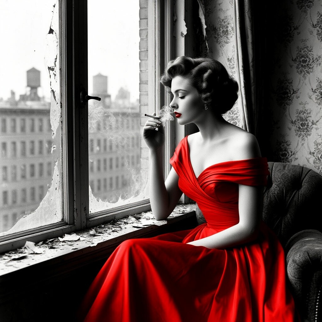 Её красное платье от "Диор", кричаще-алое, почти кровавое,  казалось кощунством среди облезлых обоев.