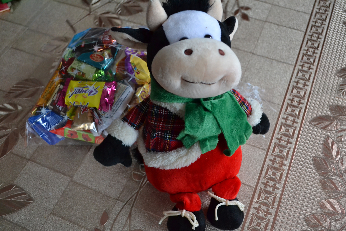 Вот, корова была в новогоднем подарке на год быка