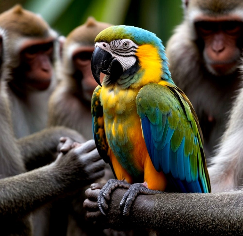Попугай и обезьяны. создано в Шедеврум.
