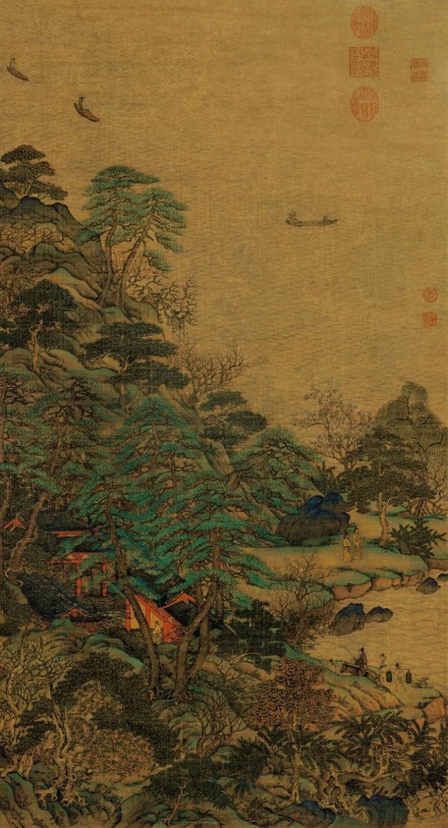 «Плывущие лодки и дворец на берегу реки». Ли Сысюнь, VII в. Тушь и цвет на шёлке