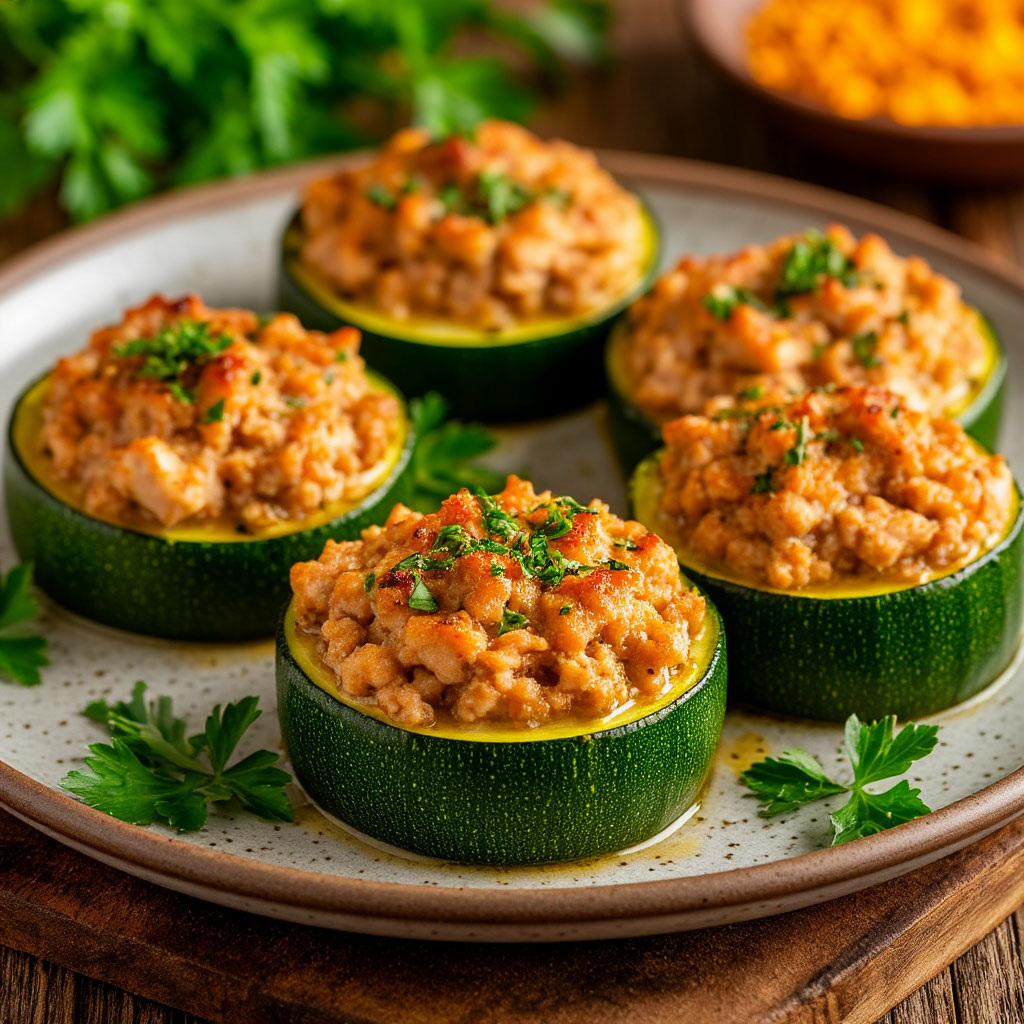 Кольца кабачков, фаршированные куриным фаршем .