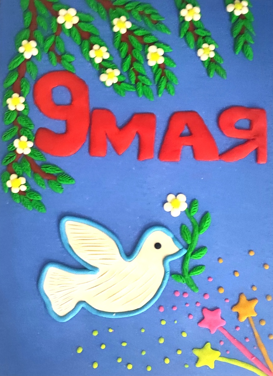 Готовый вариант аппликации из пластилина на цветном картоне к празднику 9 мая.