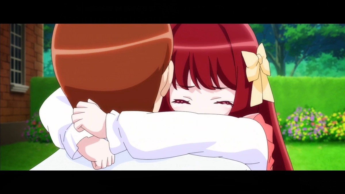 Кадр из аниме. Дети плачет у папы на плече