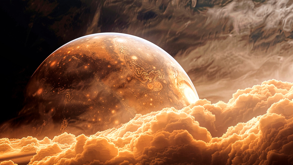 Плотные облака Венеры из серной кислоты скрывают её поверхность от наших глаз.