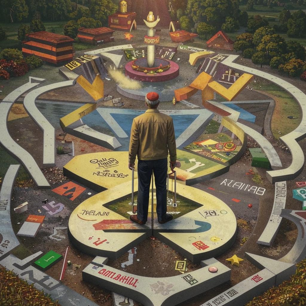 Человек в центре перекрестка дорог, перед ним висят таблички с символами и стрелками, указывающими направления.