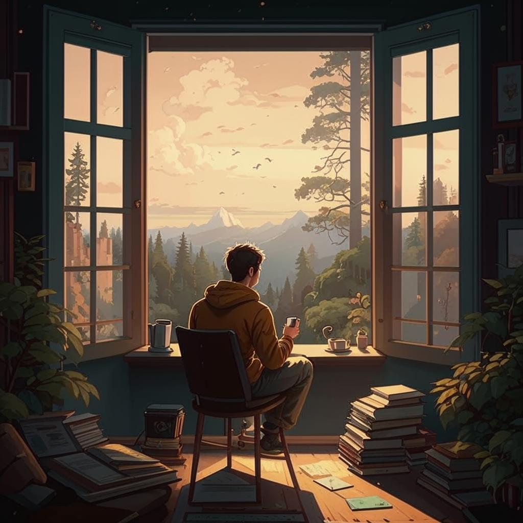 На подоконнике - раскрытая книга с закладками и кружка кофе. Человек задумчиво сжимающий чашку, будто размышляя о знаках и путеводителях.