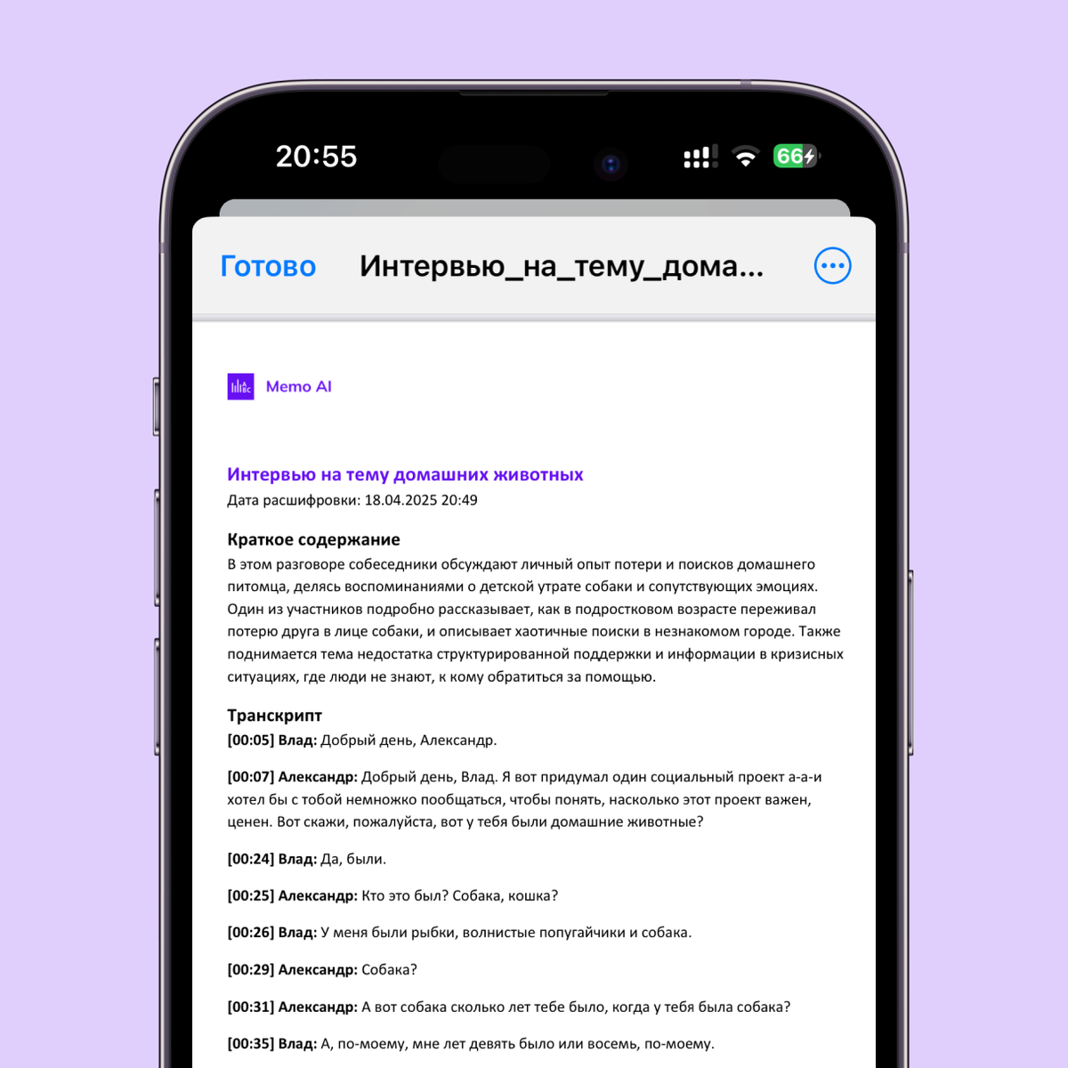 Полученный транскрипт в формате PDF