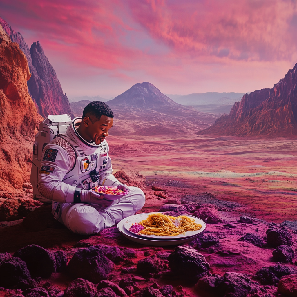 Генерация фото Уилла Смита, жующего спагетти на Марсе