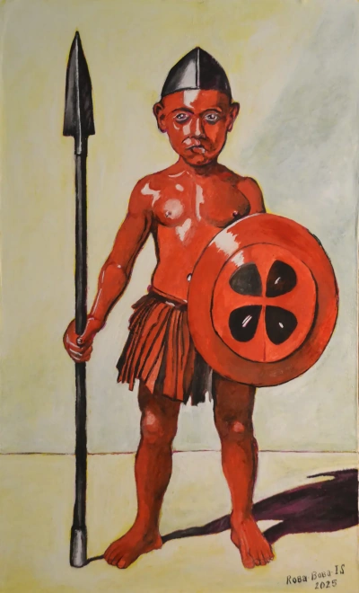 Красный воин. 2025 , 76 см ×48 см. Гуашь, чернила, лак. Холст на оргалите. Художник Roba*Boba*IS.