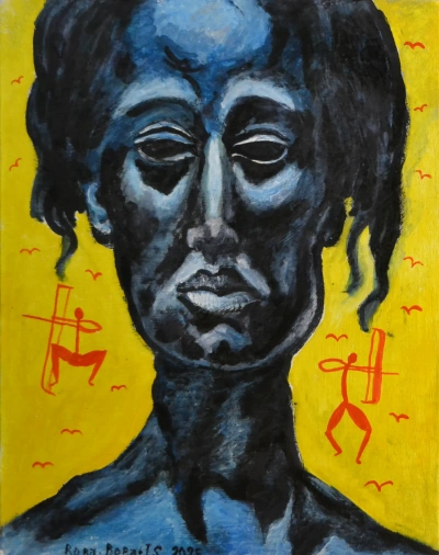 Синяя. 2025 , 33 см ×25 см. Гуашь, чернила, лак. Холст на оргалите. Художник Roba*Boba*IS.