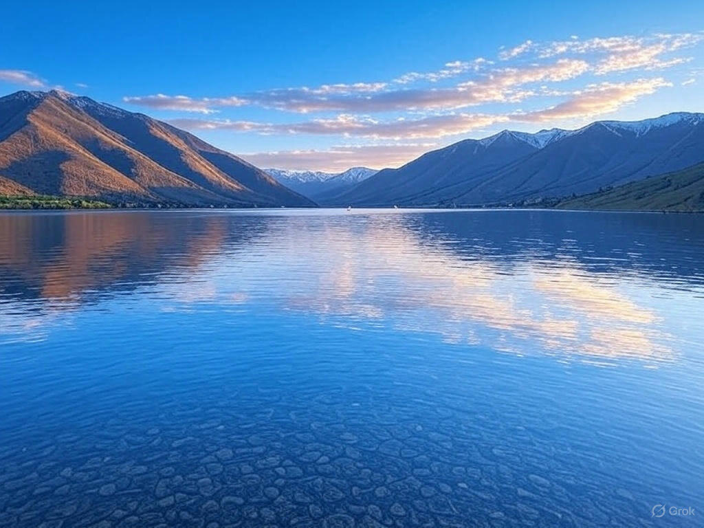Вид на озеро Севан и горы на фоне голубого неба.