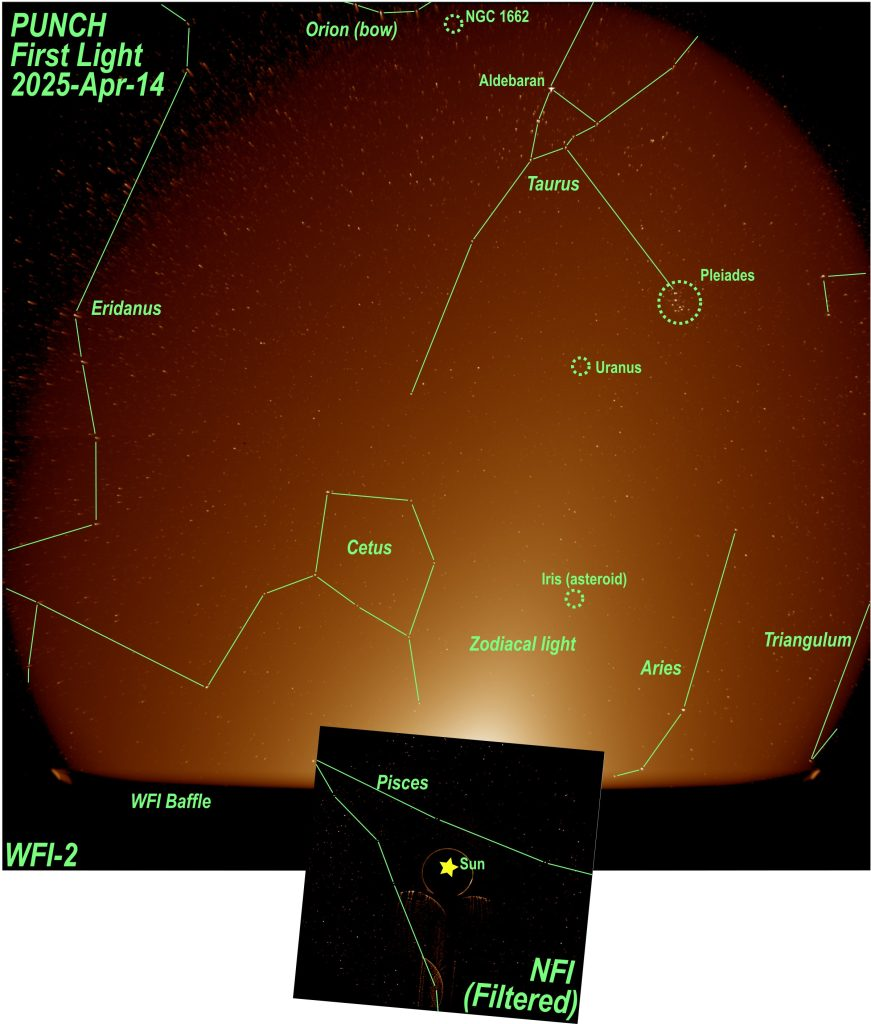 Комбинация первых фотографий, сделанных 14 апреля 2025 года PUNCH/WFI2 и PUNCH / NFI, показывает, как поля зрения аппаратов сочетаются друг с другом. Созвездия были определены, чтобы показать размер поля зрения. Источник: NASA / SwRI / NRL