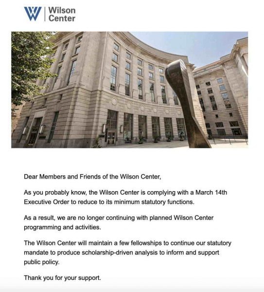 Извещение о кончине Центра им. Вильсона. Из почты автора