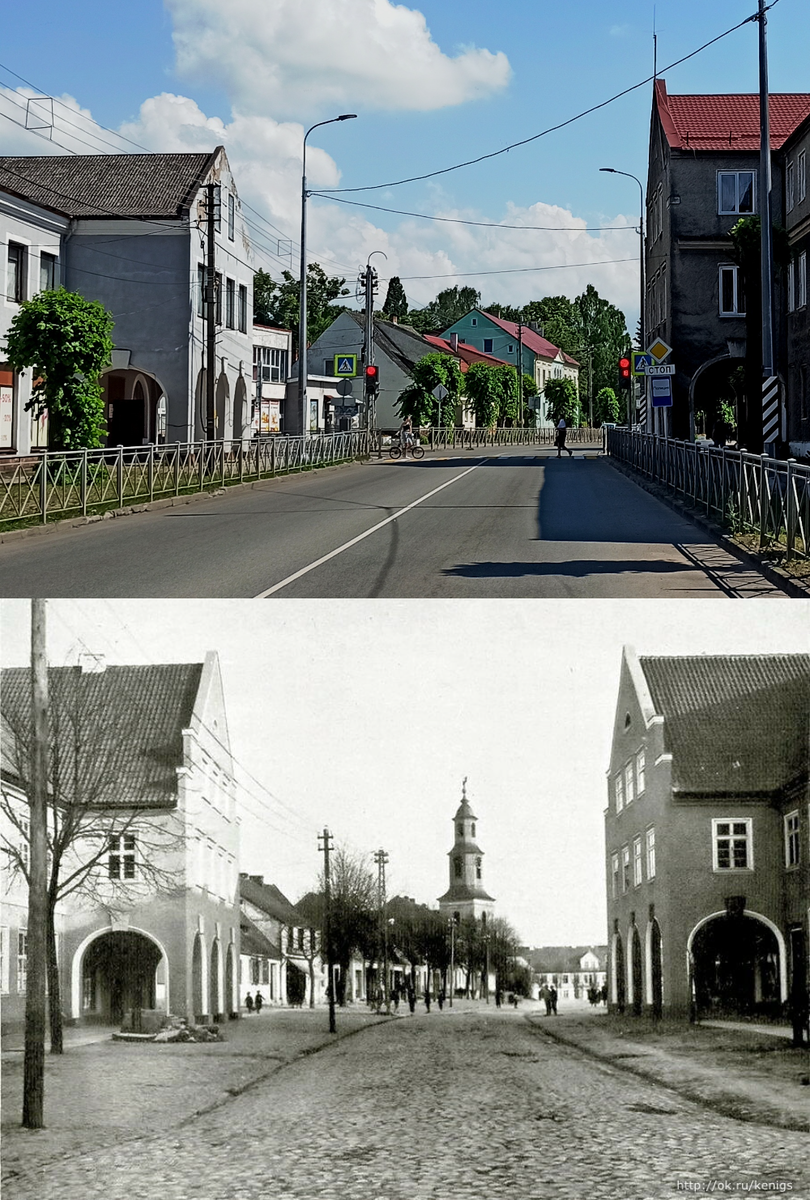 Нестеров. Улица Черняховского с разницей в 100 лет. Источник ретрофото: https://www.bildarchiv-ostpreussen.de/suche/index.html.ru?ids=104300#!start=1