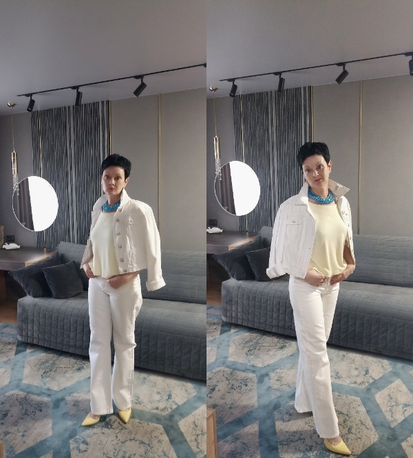 Белый деним, желтая футболка и желтые туфли. Не самый любимый образ, но вполне... конечно можно с кроссовкми или балетками.