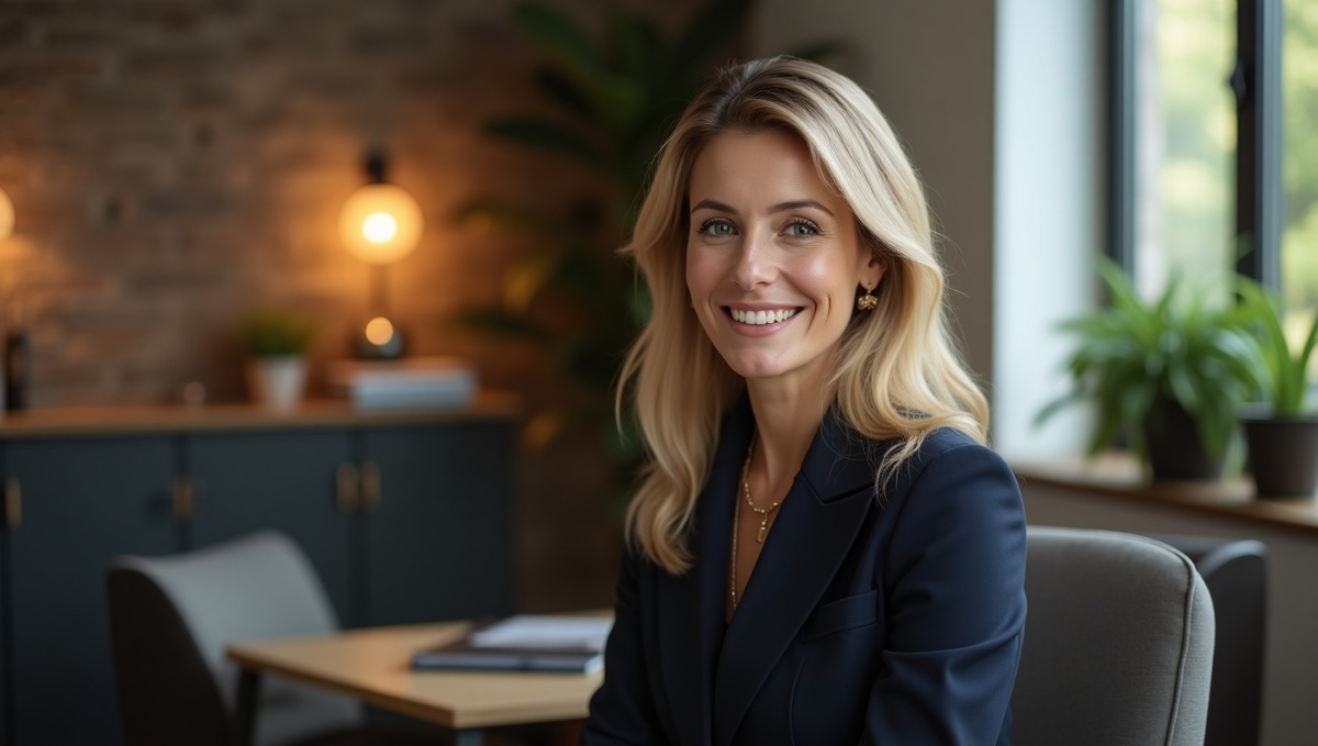 Профессиональный портрет, показывающий успешную, уверенную женщину-эксперта по регрессивной терапии