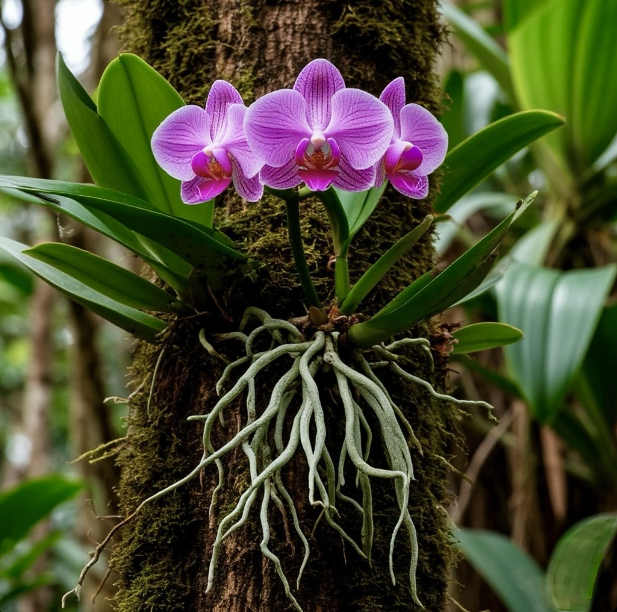 Орхидея в естественной среде на дереве. Эпифит, бросающий вызов гравитации: эта орхидея не нуждается в почве, как не нуждается душа в материальных опорах. Ее корни цепляются за жизнь, находя опору в самом себе