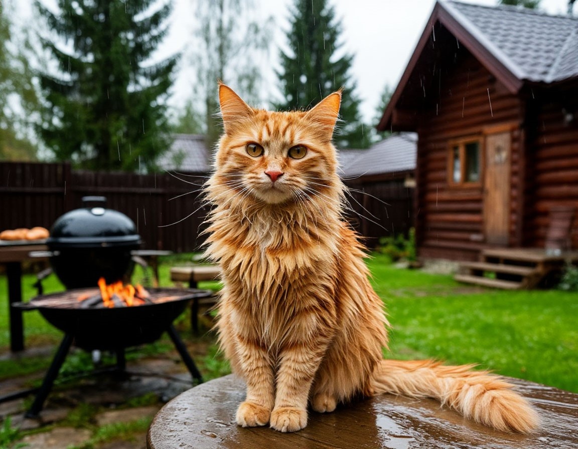 Дача и шашлык - назло погоде. Котик одобряет