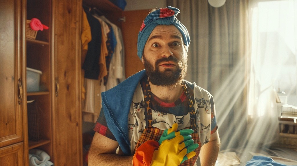 Брутальность — это не только борода и сила, но и умение побеждать пыль в пушистом фартуке!