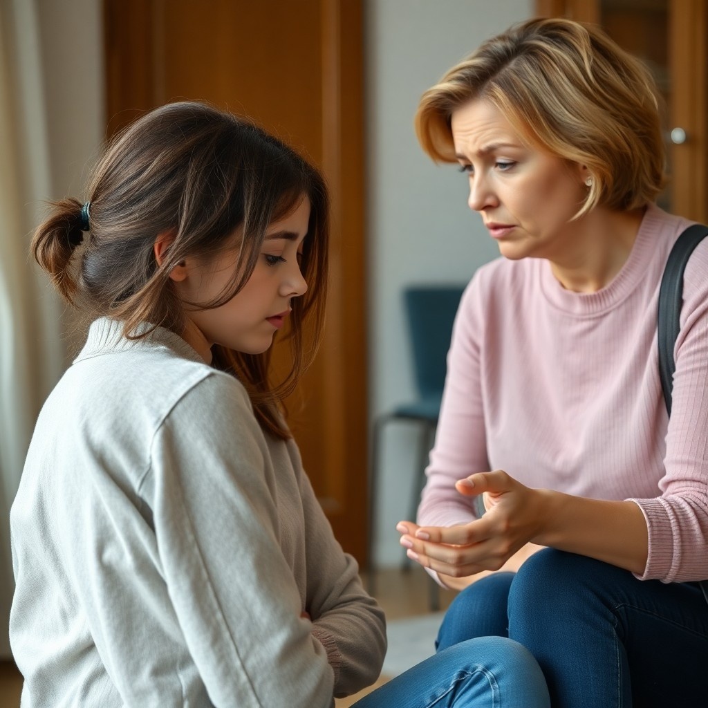 Мать отчитывает дочь за то, что она не следит за успеваемостью младшей сестры