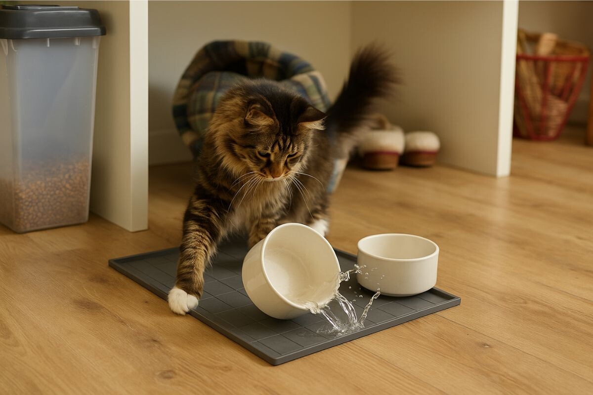 Кошка опрокидывает миску с водой