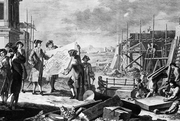 Петр l контролирует строительство здания в Санкт-Петербурге, гравюра 17 века.