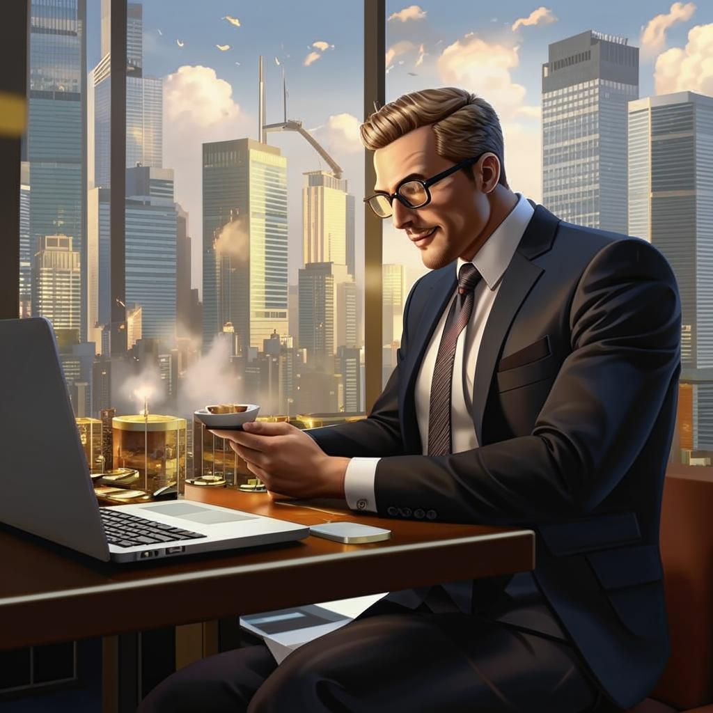 В руке - яркий карандаш, которым он что-то подсчитывает. В углу комнаты - тренажёры и рабочие столы, говорящие о динамичном образе жизни. Атмосфера уверенности и власти.