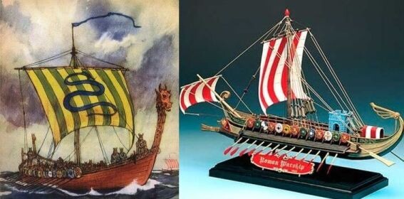 Слева - корабль викингов XI века, справа - древнеримчкий корабль I-го века