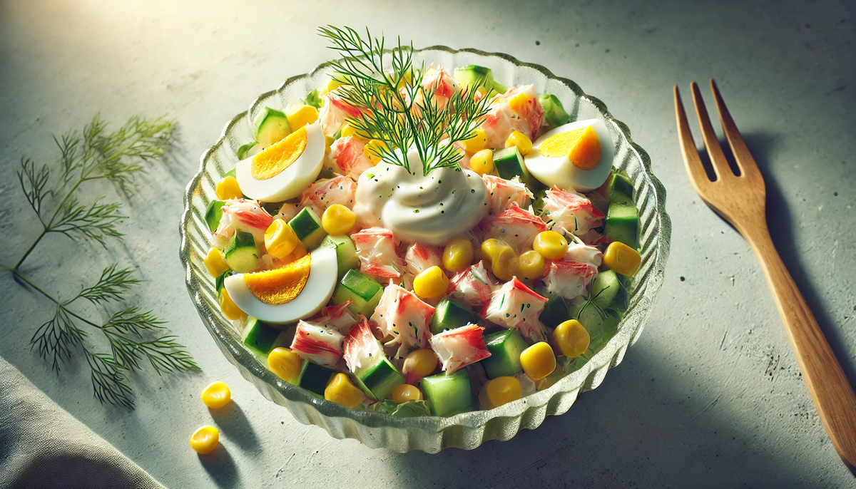 Аппетитный крабовый салат с кукурузой, яйцом и огурцом - классический рецепт фото