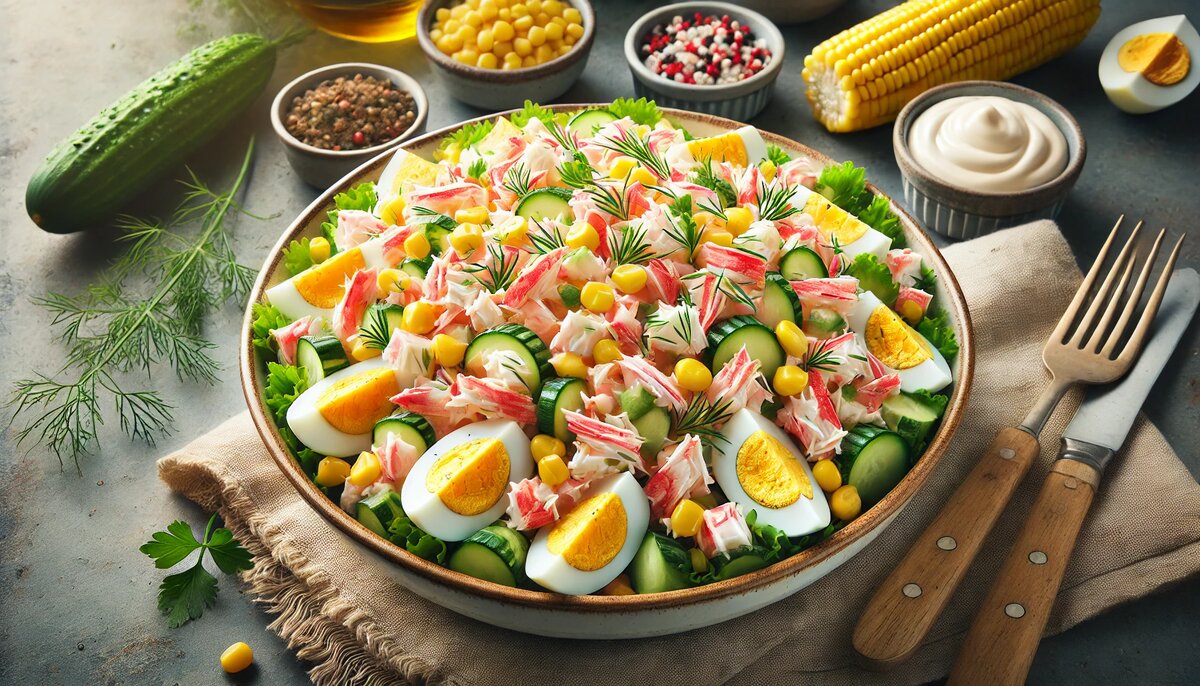 Классический крабовый салат с кукурузой, яйцом и огурцом - фото готового блюда для рецепта